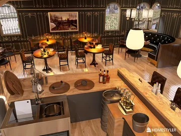 A bustling restaurant interior showcasing a modern bar area with stylish furniture and warm lighting, featuring a cozy dining space that optimizes the layout using Homestyler's real-time 3D rendering.