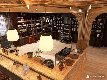 Rustic kitchen design featuring a wooden bar setup with liquor bottles, showcasing a warm and inviting atmosphere for social gatherings, ideal for home interior decor projects using Homestyler's real-time 3D rendering feature.