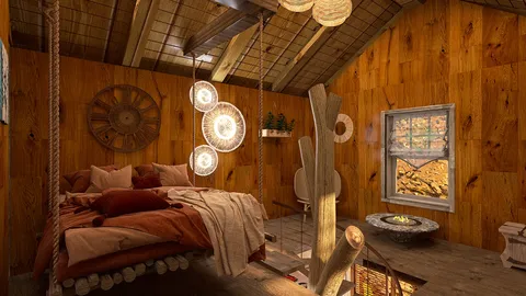 cozy wooden bedroom design featuring warm lighting and natural textures, showcasing the interior decor aesthetic with Homestyler's real-time 3D rendering function.