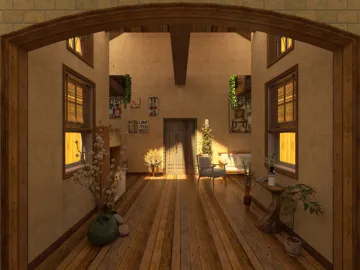 cozy hallway with wooden beams featuring warm lighting and natural decor, showcasing interior design, utilizing Homestyler's real-time 3D rendering for an inviting atmosphere.