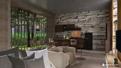 Living room with a modern sofa and an open kitchen design featuring a rustic stone wall, optimized for a seamless indoor-outdoor flow, utilizing Homestyler's real-time 3D rendering feature.