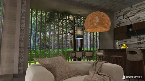 Cozy living room featuring a comfortable sofa and pendant lighting, designed with a natural aesthetic, enhancing the outdoor view and creating a tranquil space; incorporates Homestyler's real-time 3D rendering for effective design visualization.