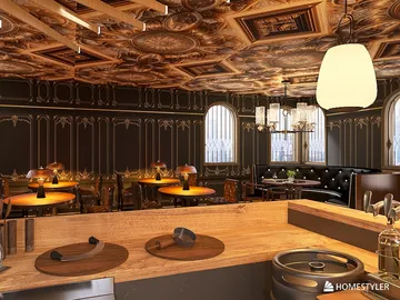 restaurant interior with luxurious ceiling design showcasing ornate details and ambient lighting, featuring smart furniture arrangement for optimal dining experience using Homestyler's 3D rendering feature.