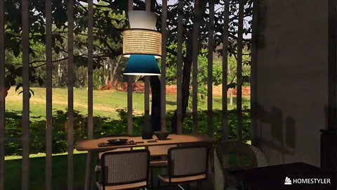 dining table with modern lamp design in a cozy outdoor space surrounded by greenery using Homestyler's real-time 3D rendering feature