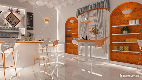 modern kitchen bar area featuring stylish stools and vibrant shelves styling with decorative elements showcasing interior design elegance using Homestyler's real-time 3D rendering capability.