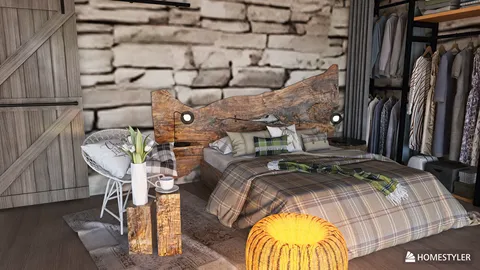 rustic bedroom design featuring a wooden headboard and cozy textiles, showcasing an inviting atmosphere for interior decor, utilizing Homestyler's real-time 3D rendering for quick design visualization.
