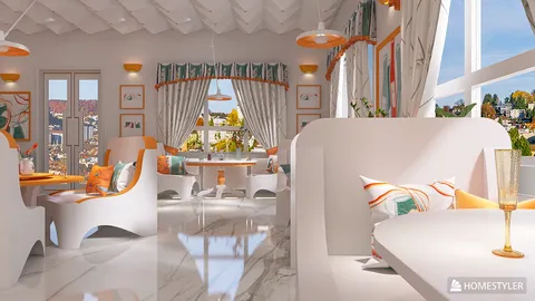 A bright and airy dining area featuring curved seating and elegant decor, showcasing a modern coastal style, emphasizing indoor ambiance with the Homestyler 3D rendering feature.