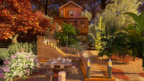 wooden treehouse surrounded by lush greenery and colorful flowers, designed for outdoor living, showcasing homestyler's real-time 3D rendering feature for visualizing landscape architecture