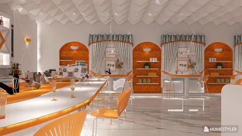 Bright bar area featuring stylish seating and modern decor, showcasing interior design concepts with an emphasis on elegance and color while utilizing Homestyler's real-time 3D rendering feature.