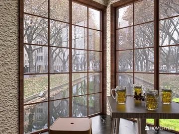 cozy corner with large windows showcasing a view of trees outside, enjoying a refreshing drink, modern and inviting space value, interior decor with a focus on relaxation, utilizing Homestyler's real-time 3D rendering feature