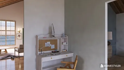 a stylish desk with decor items in a modern coastal design living space featuring a view of the sea, showcasing interior decor options using Homestyler's real-time 3D rendering feature