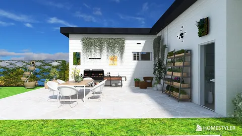 outdoor patio with furniture arrangement showcasing modern minimalism for relaxation and entertainment in an outdoor space designed using Homestyler's 3D rendering feature.