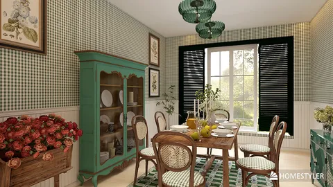 Dining room with green and white checked wallpaper featuring a rustic wooden dining table set with elegant tableware in a country style, showcasing the interior design through Homestyler's real-time 3D rendering capability.