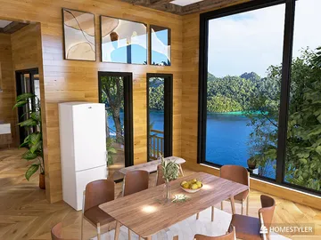 modern dining area with a wooden table and chairs overlooking a scenic lake view, showcasing Homestyler's real-time 3D rendering feature for interior design visualization.