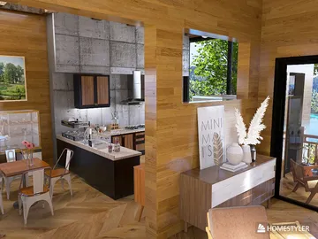 modern kitchen design featuring wooden elements and open space layout, showcasing interior decor optimization with Homestyler's real-time 3D rendering functionality.