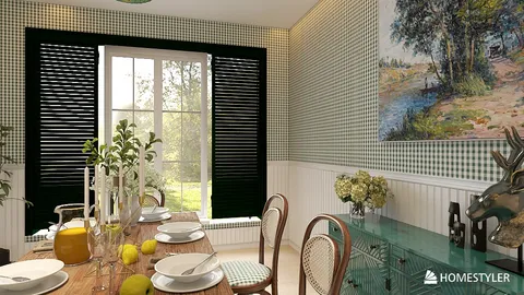 Dining room featuring a stylish table setting with elegant chairs, designed using Homestyler for a modern farmhouse aesthetic, showcasing smart furniture arrangement for efficient space utilization.