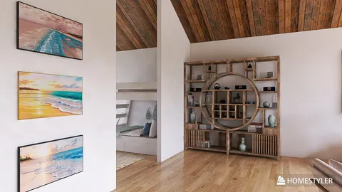 cozy living room with wooden ceiling featuring beach-themed artwork and a stylish shelving unit for decor showcasing a homestyler furniture arrangement