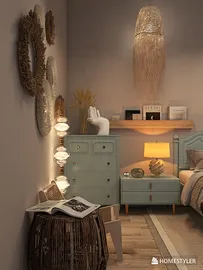 cozy bedroom with blue nightstand and decorative wall mirrors showcasing rustic charm, created using Homestyler's real-time 3D rendering feature for an effective interior design preview