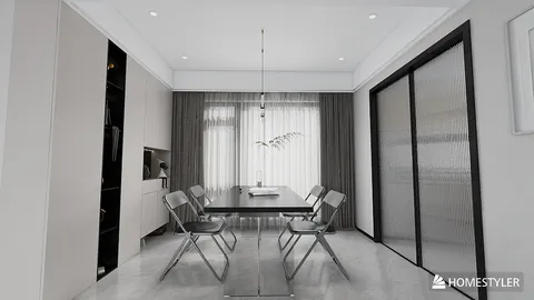 modern dining area showcasing smart furniture arrangement in a contemporary style, enhancing functionality for family gatherings, utilizing Homestyler's real-time 3D rendering.