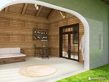 rustic wooden lounge area designed with Homestyler featuring a cozy sofa and a stylish dining setup, perfect for relaxation in a spacious outdoor environment