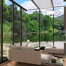 modern living room with large glass windows showcasing a serene lake view, designed using Homestyler's 3D rendering for interior decor optimization