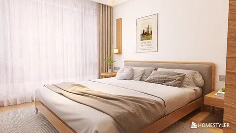 modern bedroom with a wooden bed and soft gray bedding featuring natural light from large windows, designed using Homestyler's real-time 3D rendering feature for interior decor.