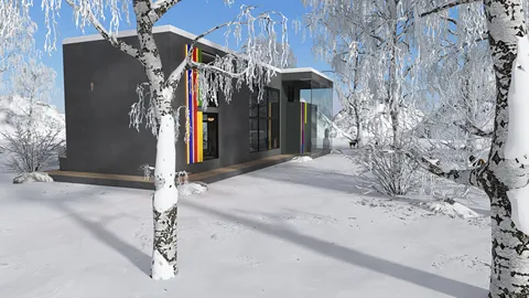 modern architectural house design showcasing snow-covered landscape with minimalist style, highlighting exterior decor with vibrant colors, enhanced by Homestyler's real-time 3D rendering feature