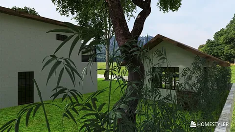 building exteriors with lush greenery surrounding them showcasing modern architectural design in a serene landscape, featuring Homestyler's real-time 3D rendering technology.