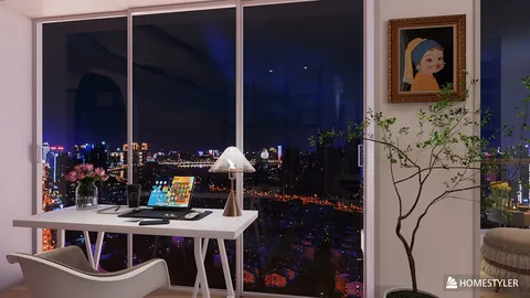 modern workspace design with a desk and lamp featuring a city view at night, showcasing an elegant style that enhances productivity; using Homestyler's real-time 3D rendering feature for an immersive design preview.