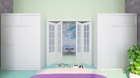 Modern bedroom with open double doors leading to a dining area, featuring smart furniture arrangement for space optimization and enhanced functionality, showcasing a bright and airy design aesthetic.