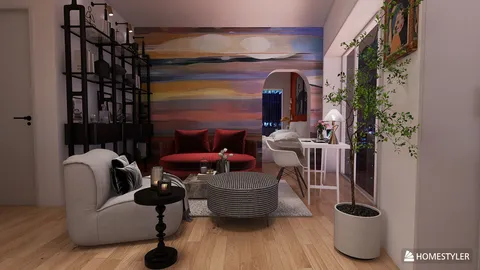 colorful abstract wall art enhances a modern living room design, creating a vibrant atmosphere for relaxation and socializing, featuring Homestyler's real-time 3D rendering capabilities.