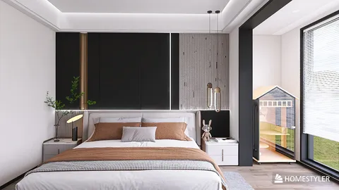 modern bedroom design featuring a stylish bed arrangement, incorporating a minimalist aesthetic with neutral tones and natural elements, highlighting interior decor optimization using Homestyler's real-time 3D rendering feature.