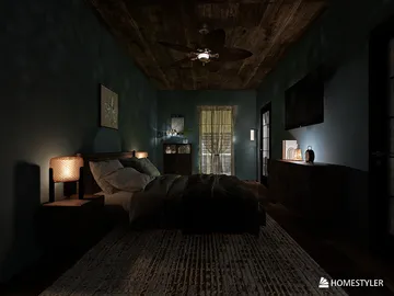 Cozy bedroom with dark blue walls featuring a wooden ceiling, showcasing smart furniture arrangement for optimized small space design using Homestyler's real-time 3D rendering technology.