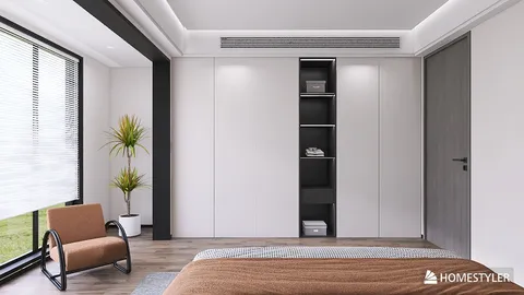 modern bedroom featuring sleek furniture arrangement and natural light with a minimalist design, showcasing Homestyler's real-time 3D rendering for interior design.