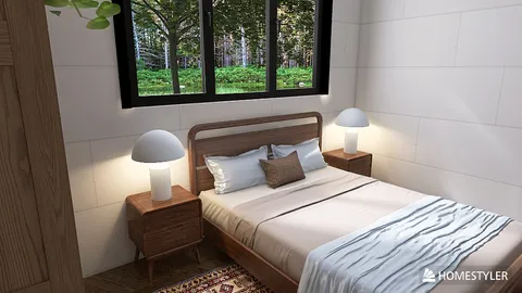 cozy bedroom interior design featuring a wooden bed and nightstands, styled with soft lighting and a serene woodland view, utilizing Homestyler's real-time 3D rendering for visualizing design options.