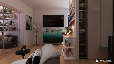 modern living room with a TV unit and decorative accessories showcasing a cozy design style, perfect for interior decoration using Homestyler's real-time 3D rendering feature.