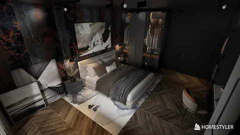 bedroom with modern decor featuring a cozy bed arrangement in a dark color scheme, showcasing a stylish interior design using Homestyler's real-time 3D rendering functionality.