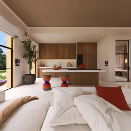 cozy living room featuring modern kitchen layout with warm wooden cabinetry, designed for spacious interior comfort using Homestyler's real-time 3D rendering for an immersive design preview