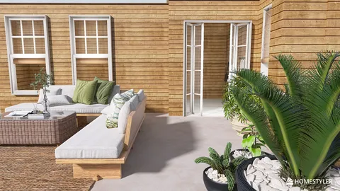 outdoor seating area arranged with comfortable cushions and decorative plants in a modern style enhancing outdoor living space using Homestyler's real-time 3D rendering feature.