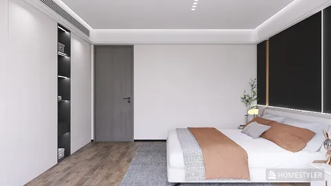 Modern bedroom design with a cozy bed arrangement, featuring neutral tones and soft textures, showcasing a minimalist style that optimizes space with smart furniture layout using Homestyler's AR virtual placement feature.