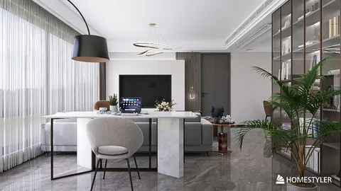 Modern office space showcasing a sleek marble desk design with ergonomic chair, emphasizing minimalism and elegance, utilizing Homestyler's real-time 3D rendering feature for enhanced design visualization.