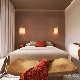 bedroom design showcasing a modern minimalist style with warm color tones and soft lighting, featuring Homestyler's real-time 3D rendering for an immersive design preview.