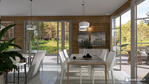 dining area showcasing a modern table arrangement with white chairs in a rustic style, emphasizing natural light and outdoor views, featuring Homestyler's real-time 3D rendering capability.