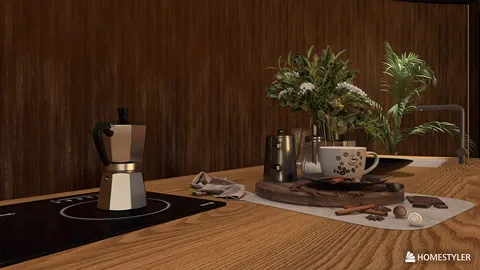kitchen countertop with coffee maker and decorative items, showcasing a modern rustic style, highlighting interior decor optimization using Homestyler's real-time 3D rendering feature.