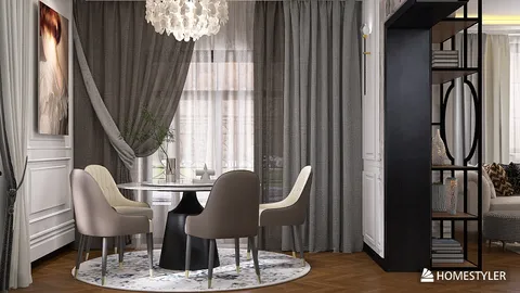 Dining area featuring a round table and elegant chairs, showcasing modern interior design with a chic style, optimized for space utilization using Homestyler's 3D rendering capabilities.