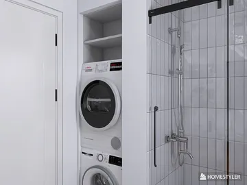 modern laundry room with washer and dryer installation optimizing small space using smart furniture arrangement showcasing contemporary design and functionality in interior decor, featuring Homestyler's real-time 3D rendering capability.
