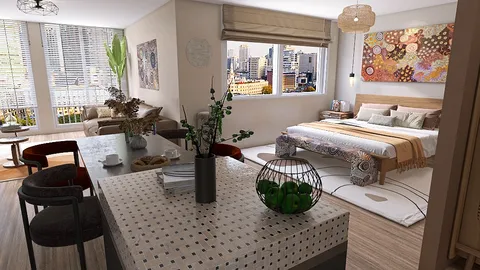 cozy living room and bedroom layout showcasing a contemporary design with natural light, optimized for small space living using Homestyler's smart furniture arrangement feature.