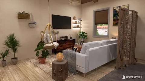 Modern living room featuring a cozy swing chair, designed in a contemporary style to enhance the space's tranquility, utilizing Homestyler's real-time 3D rendering feature.