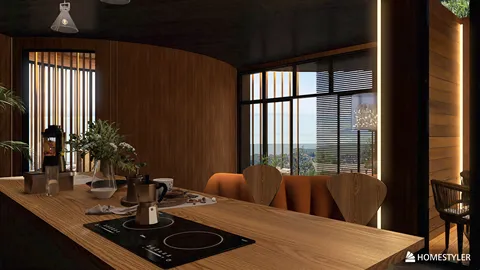 kitchen area featuring wooden cabinetry and modern appliances, designed in a contemporary style to enhance a relaxing dining experience, utilizing Homestyler's real-time 3D rendering for an accurate renovation preview.