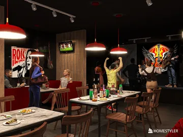 restaurant interior featuring a lively music performance, showcasing modern industrial design with vibrant colors, enhancing the dining experience while utilizing Homestyler's real-time 3D rendering for quick visual previews.